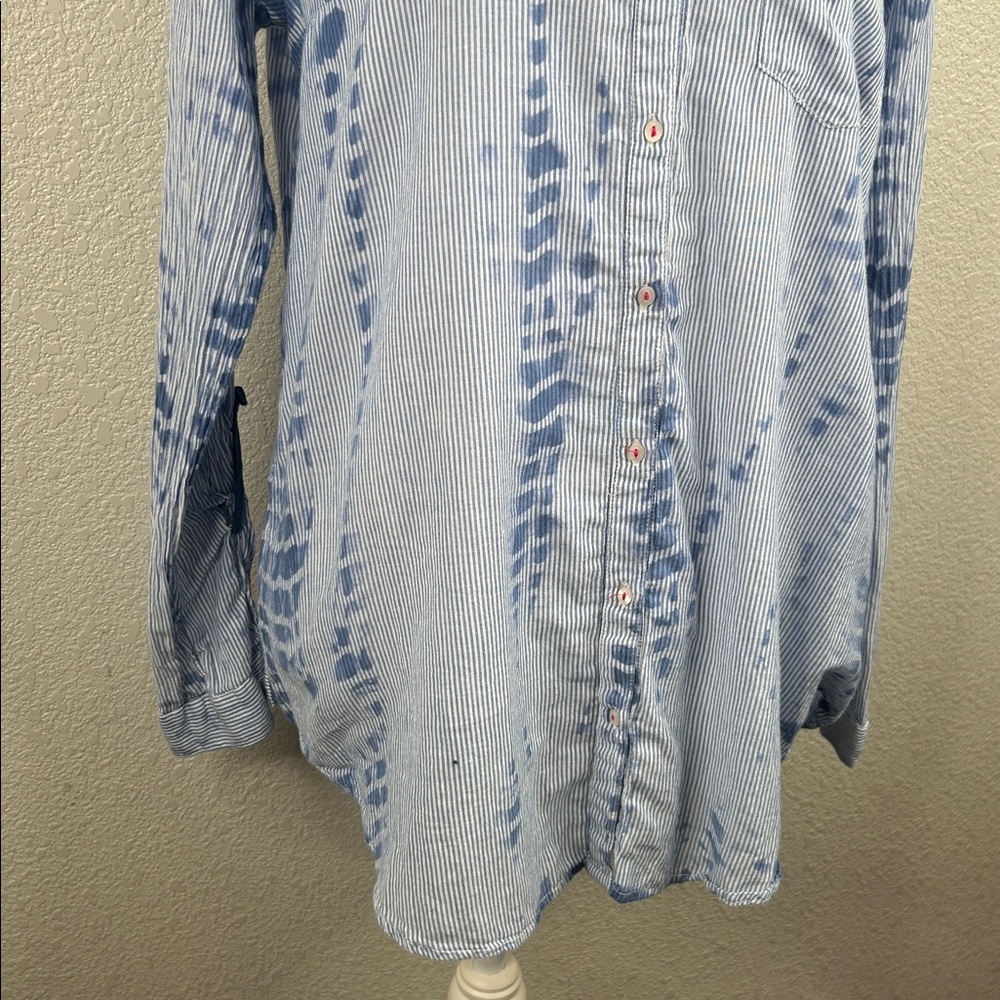 Heihei Blue & White Stripe Blotch Print Button Up Long Sleeve Top Size Medium - Picture 3 of 8